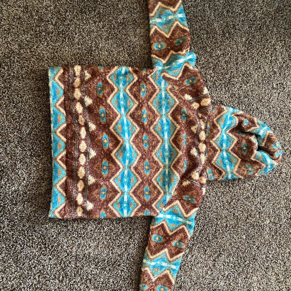 Brown and Blue Cowl Neck Jacket with Geometric Pattern